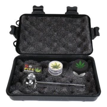 Grinder Reise Set 4-teilig Leaf Design mit Plastik Grinder 2-teilig ø30mm Glas Pfeife Siebe