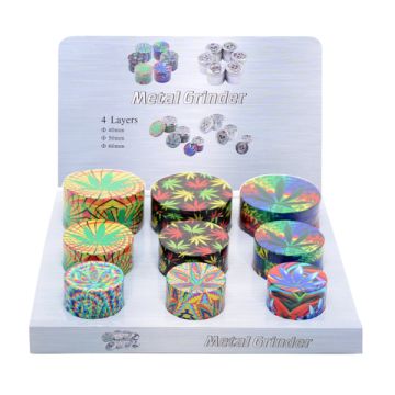 Metall Grinder Leaf 360° Imprint 4-teilig 3 Größen sortiert Ø40+Ø50+ø60 6 Designs sortiert