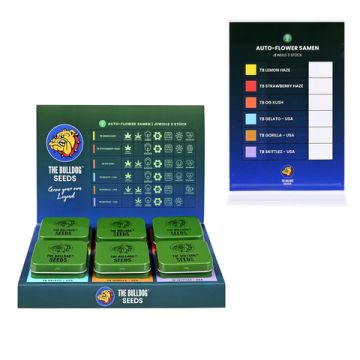 Seeds Display mit Dummy Dosen und Preislisten-Acrylaufsteller bestückt
