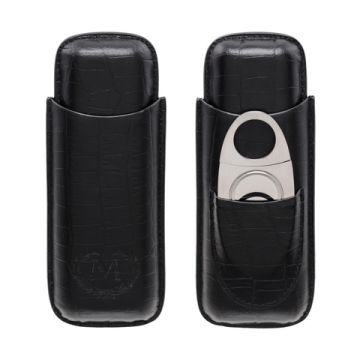 2er Zigarren-Etui mit Cutter Echtleder Schwarz 