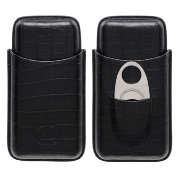 3er Zigarren-Etui mit Cutter Echtleder Schwarz 